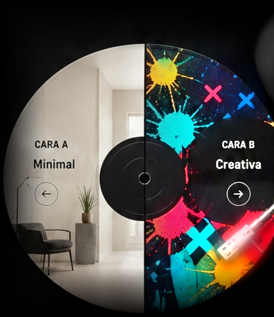 Disco de vinilo partido en dos: mitad izquierda minimalista con foto de interior claro, mitad derecha creativa con salpicaduras de pintura en rosa, verde azulado y amarillo