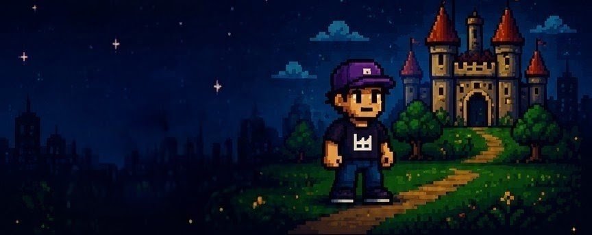 Personaje pixel junto a un castillo bajo un cielo estrellado, con la silueta de una ciudad al fondo