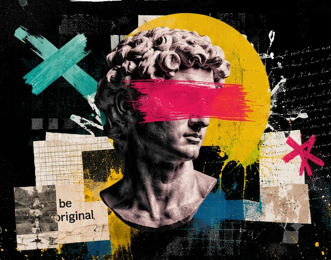 Ilustración collage: busto clásico intervenido con color, representando una identidad creativa y expresiva